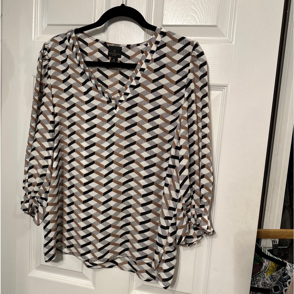 Worthington PL  PXL V-neck mustard Black print Blouse 3/4 Sleeve w/ pleating
